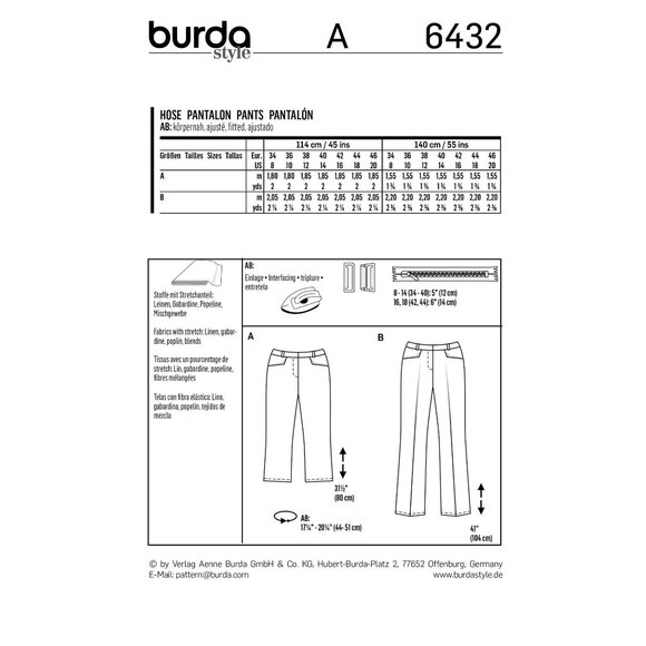 Burda Sewing Pattern 6432 Pants Trousers Cropped Misses Size 8-20 - Picture 2 of 3